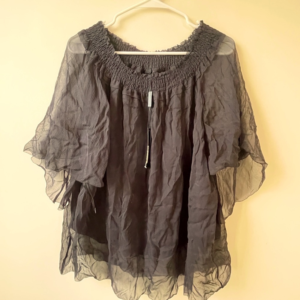 NWT Elie Tahari silk black gauze peasant blouse w transparent sleeves, Large